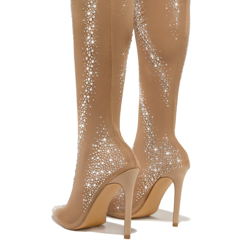 Bombshell Over The Knee Embellished Boots - Nude