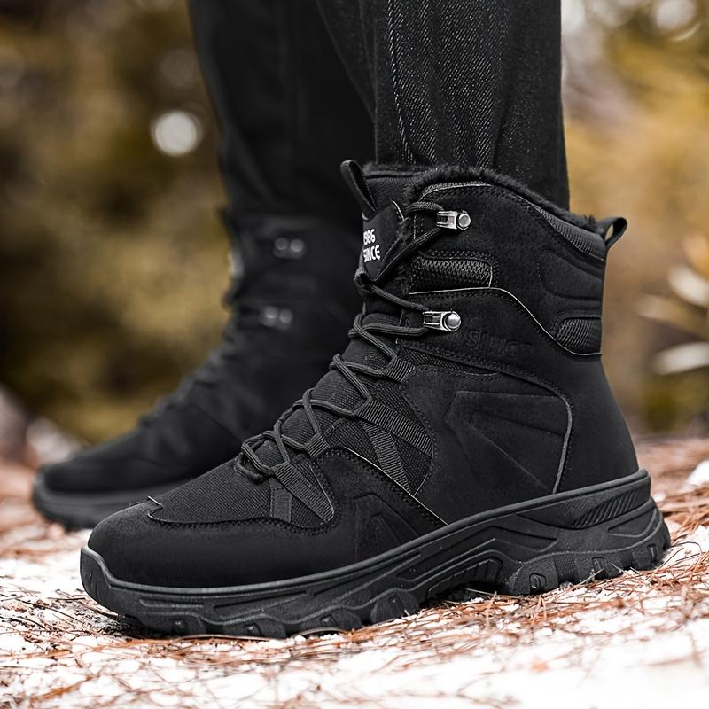 1PR Men's Winter Plush Snow Boots-Casual Sports Style, Solid Color, Booties Height, round Toe, Lace-up Closure, Artificial Epithelial, Fabric Lining, Rubber Sole, for Hiking and Outdoor Activities.