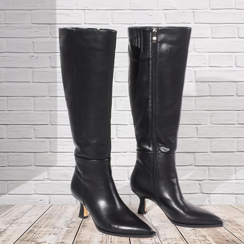 Knee High Boots for Women Kitten Heels Faux Leather Pointed Toe  Tall Boots with Side Zipper long boots