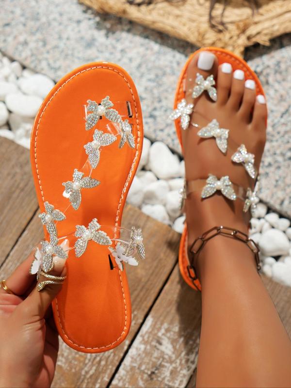 Women's Elegant Rhinestone Decorated Butterfly Design Slide Sandals, Exquisite Trendy Toe Thong Sandals, Fashionable Shoes for Beach Vacation Party