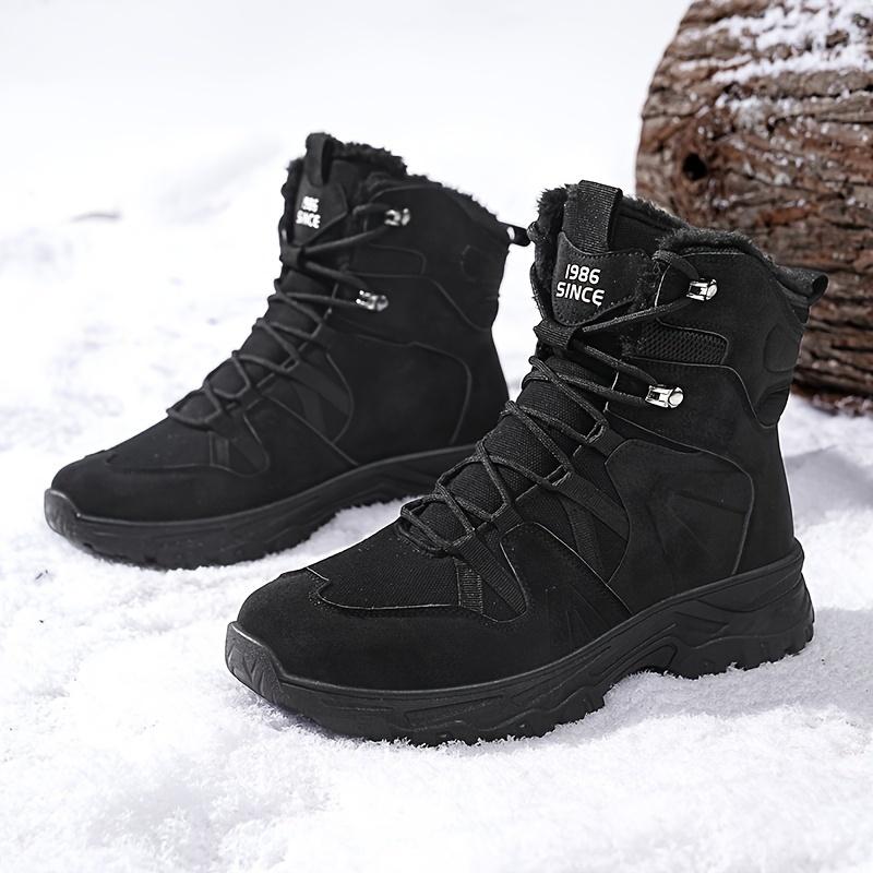 1PR Men's Winter Plush Snow Boots-Casual Sports Style, Solid Color, Booties Height, round Toe, Lace-up Closure, Artificial Epithelial, Fabric Lining, Rubber Sole, for Hiking and Outdoor Activities.