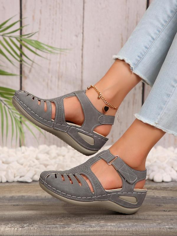 Women's Fashionable Hollow Out Design Velcro Sandals, Casual Comfortable Wedge Sandals for Summer, Female All-match Round Toe Shoes for Daily Wear