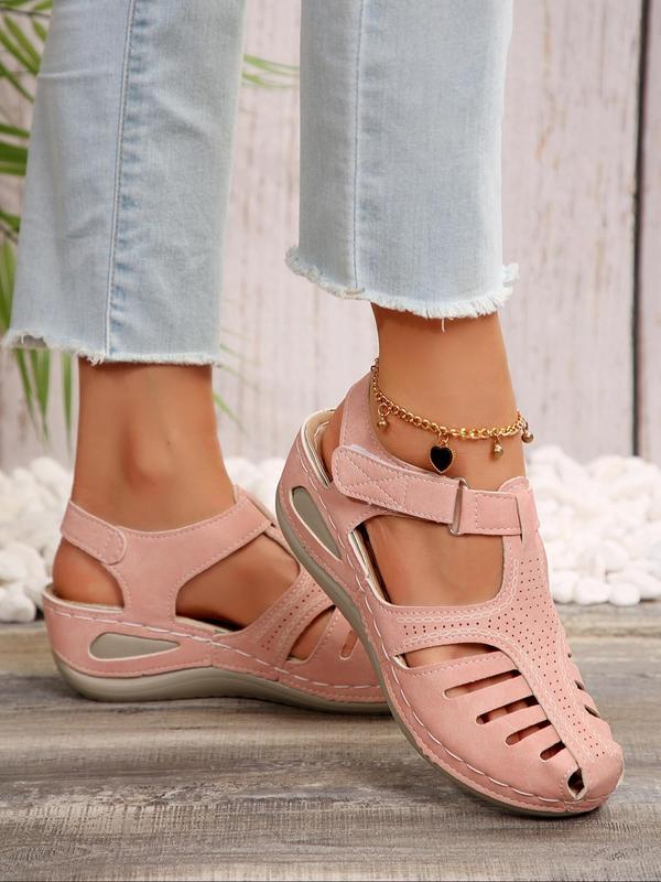 Women's Fashionable Hollow Out Design Velcro Sandals, Casual Comfortable Wedge Sandals for Summer, Female All-match Round Toe Shoes for Daily Wear