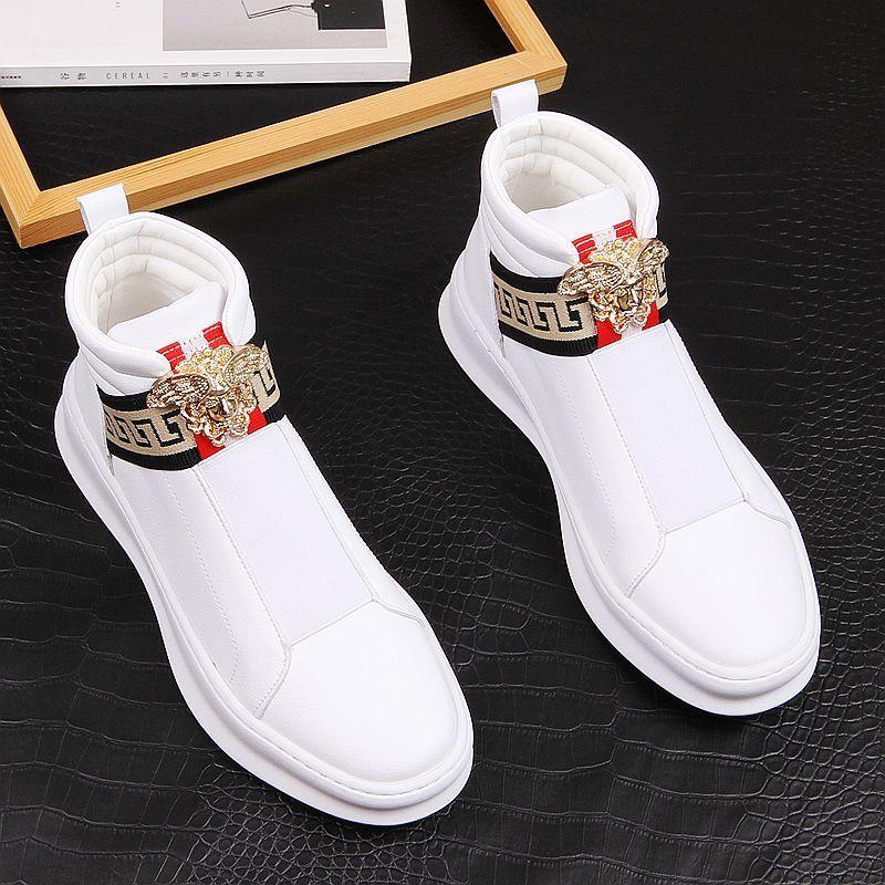 White High-Top Shoes Trendy Men's Embroidered Sneakers Platform Internet Celebrity Height Increasing Insole Men's Casual Shoes Mid-Top Men's Shoes White Shoes