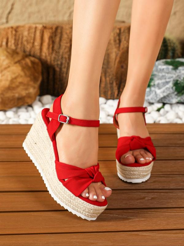 Fashionable Knot Front Design Buckle Wedge Sandals for Women, Casual 2024 Summer Beach Open Toe Sandals, New Trend All-match Espadrilles Sandals, Girl Summer Beach Walking Shoes