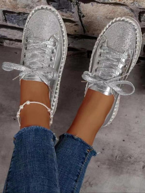 Women's Glitter Decorated Low Top Sneakers, Summer 2024 New Style Casual Comfortable Lace up Flat Shoes, Female Round Toe Shoes for Daily Wear