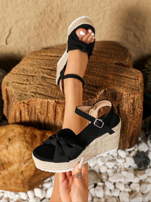 Fashionable Knot Front Design Buckle Wedge Sandals for Women, Casual 2024 Summer Beach Open Toe Sandals, New Trend All-match Espadrilles Sandals, Girl Summer Beach Walking Shoes