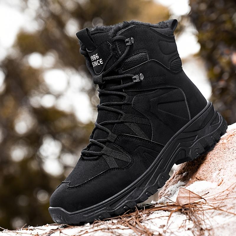 1PR Men's Winter Plush Snow Boots-Casual Sports Style, Solid Color, Booties Height, round Toe, Lace-up Closure, Artificial Epithelial, Fabric Lining, Rubber Sole, for Hiking and Outdoor Activities.