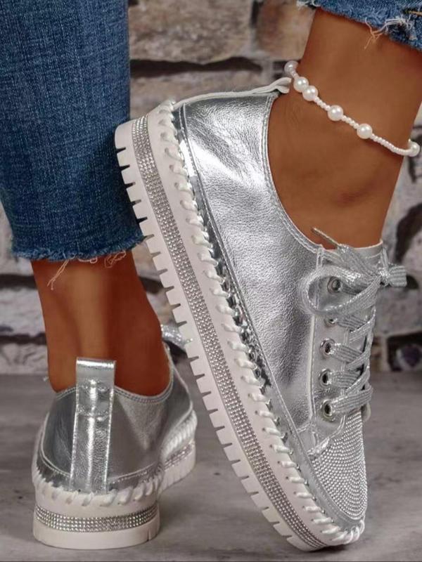 Women's Glitter Decorated Low Top Sneakers, Summer 2024 New Style Casual Comfortable Lace up Flat Shoes, Female Round Toe Shoes for Daily Wear