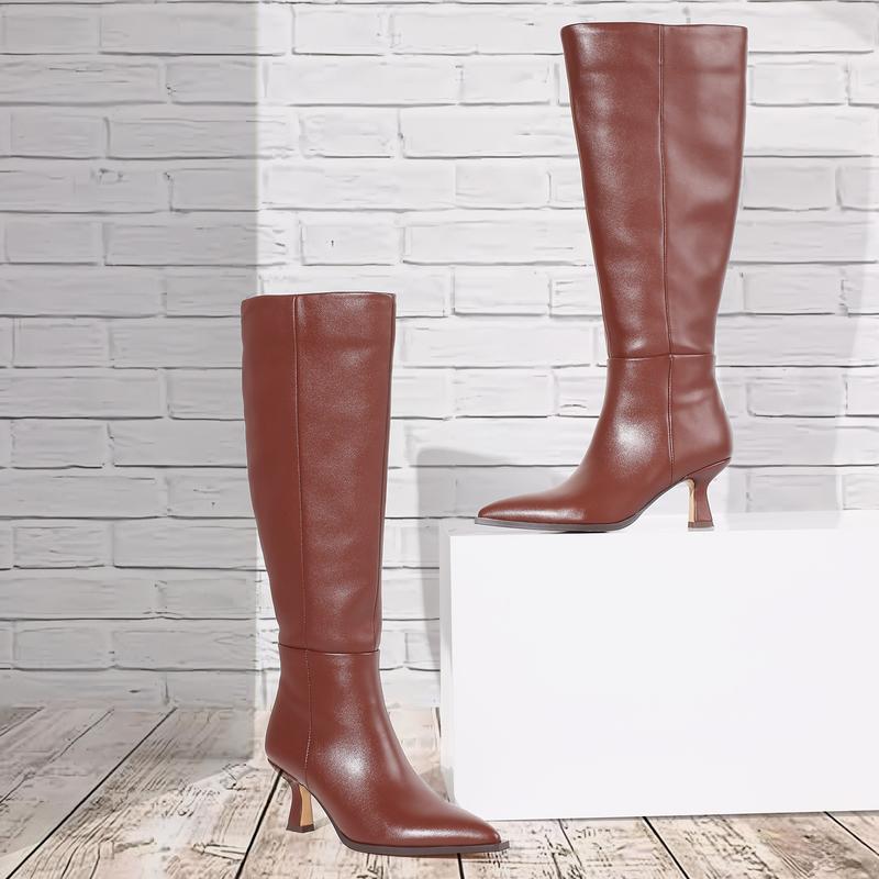 Knee High Boots for Women Kitten Heels Faux Leather Pointed Toe  Tall Boots with Side Zipper long boots