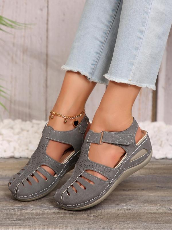 Women's Fashionable Hollow Out Design Velcro Sandals, Casual Comfortable Wedge Sandals for Summer, Female All-match Round Toe Shoes for Daily Wear