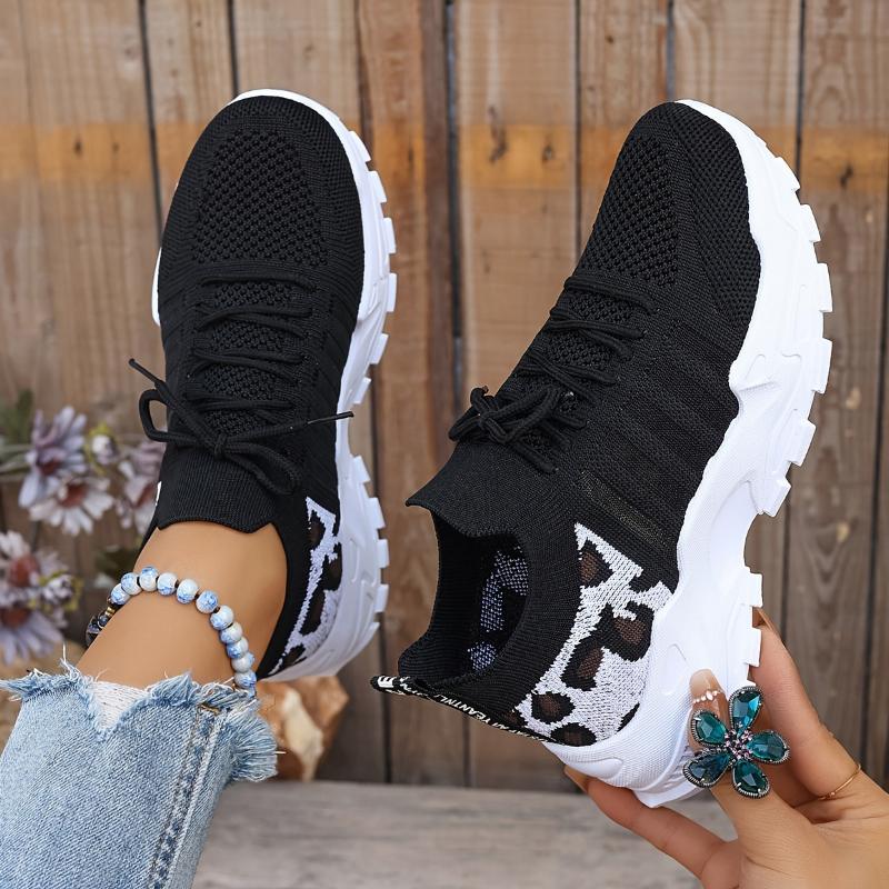 Women's Casual Sports Shoes, Flying Woven Leopard Print Breathable Lace-up Running Shoes, Comfortable Platform Shoes Plus Size