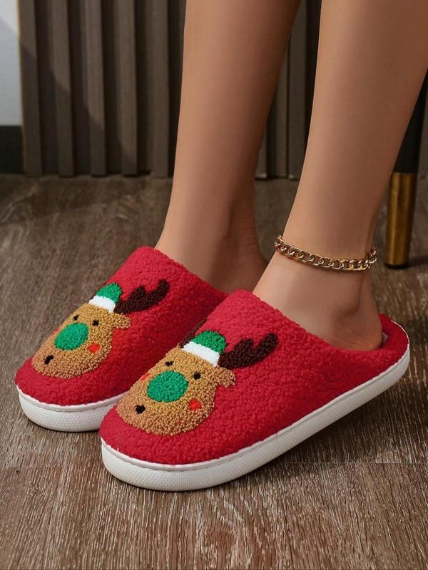 Women's Cute Cartoon Reindeer Pattern Plush Slippers, Casual Soft Comfortable Christmas Themed Home Slippers, Warm Slippers for Indoor & Outdoor Use for All Seasons