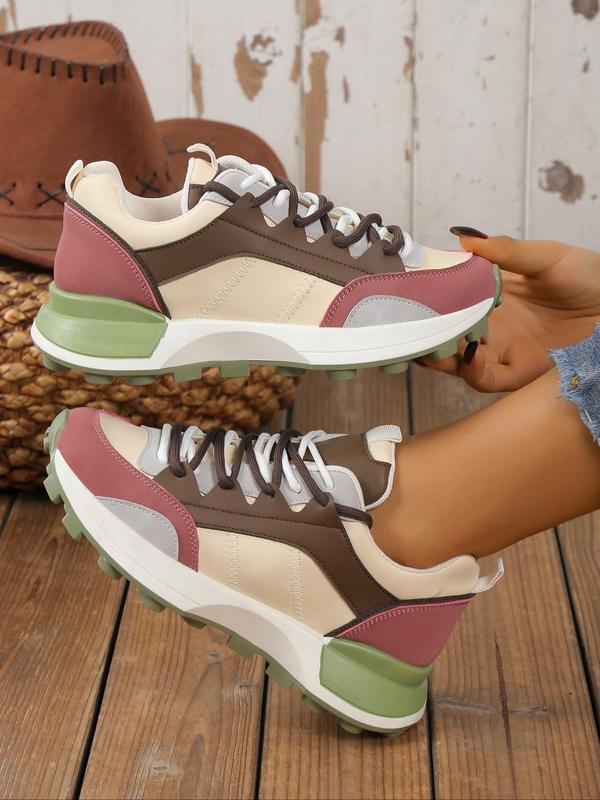 Women's Sporty Colorblock Platform Sneakers, Trendy Lace Up Low Top Sneakers Chunky Shoes, Chic Soft Chunky Shoes for Summer Daily Wear