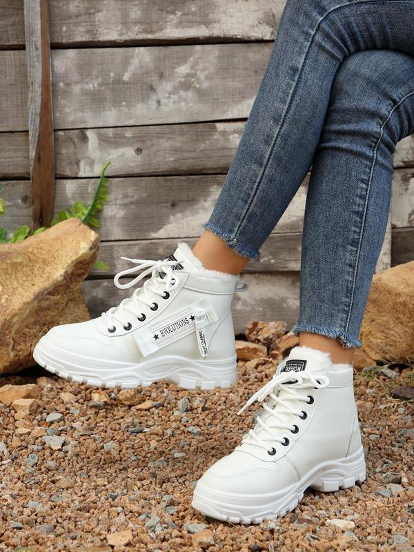 Women's Minimalist Letter & Star Pattern Lace Up Snow Boots, Casual Comfortable Ankle Boots for Winter, Female All-match Round Toe Shoes for Daily Wear