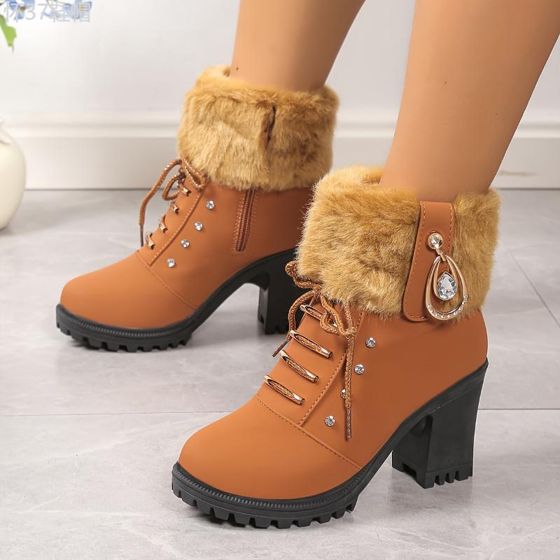 Women's Plush Heeled Ankle Boots, Rhinestone Decor Side Zipper Thermal Chunky Heels, Fashion Fluffy Short Boots Footwear Walking Shoes