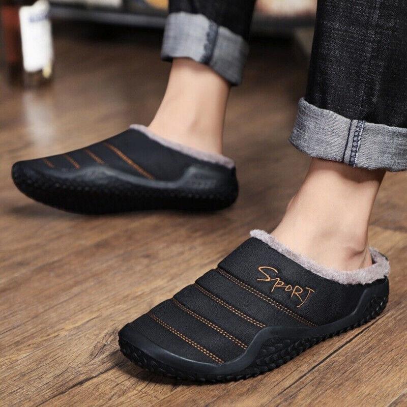 Mens Winter Flat Slippers Warm Fur Slip on Cozy Bedroom House Shoes Memory Foam