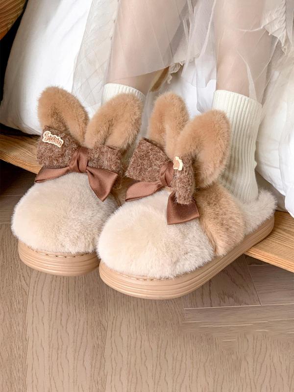 Women's Colorblock Bow Decor Plush Slippers, Casual Soft Comfortable Home Slippers for Fall & Winter, Fluffy Fall & Winter House Shoes for Indoor and Outdoor