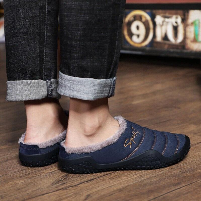 Mens Winter Flat Slippers Warm Fur Slip on Cozy Bedroom House Shoes Memory Foam