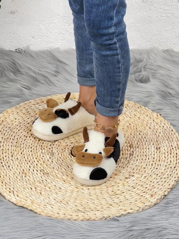 Women's 2024 Cute Cow Design Plush Slippers, Warm Bedroom Slippers for Winter, Silent Anti-slip Slippers for Daily Used, Girl's Walking Shoes, Footwear