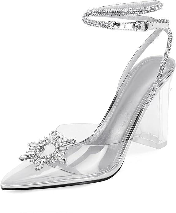 Womens Rhinestone Clear Heels Crystal Pointed Toe Chunky High Heel Strappy Sandals Wedding Party Pumps Shoes