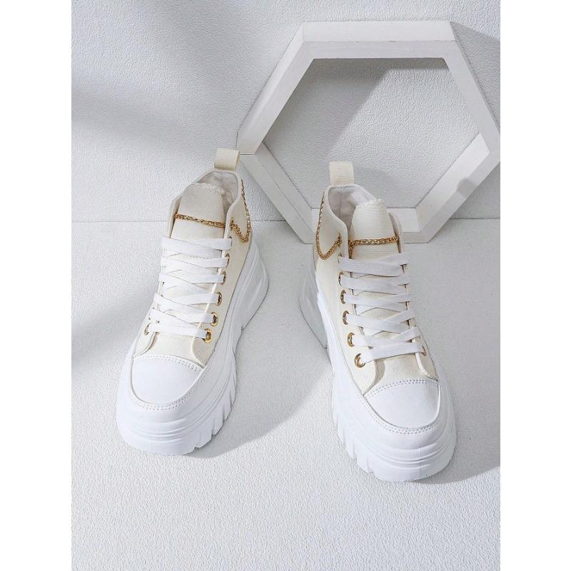 [Quick Delivery]2024 New Classy Aesthetic Women Beige High Top Canvas Shoes With Gold Chain Platform Shoes Height Increasing Casual Sport Shoes Ladies Sneakers Beige Shoes For Women With Gold Rose Embroidery Vacation Outfits