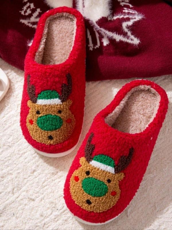 Women's Cute Cartoon Reindeer Pattern Plush Slippers, Casual Soft Comfortable Christmas Themed Home Slippers, Warm Slippers for Indoor & Outdoor Use for All Seasons