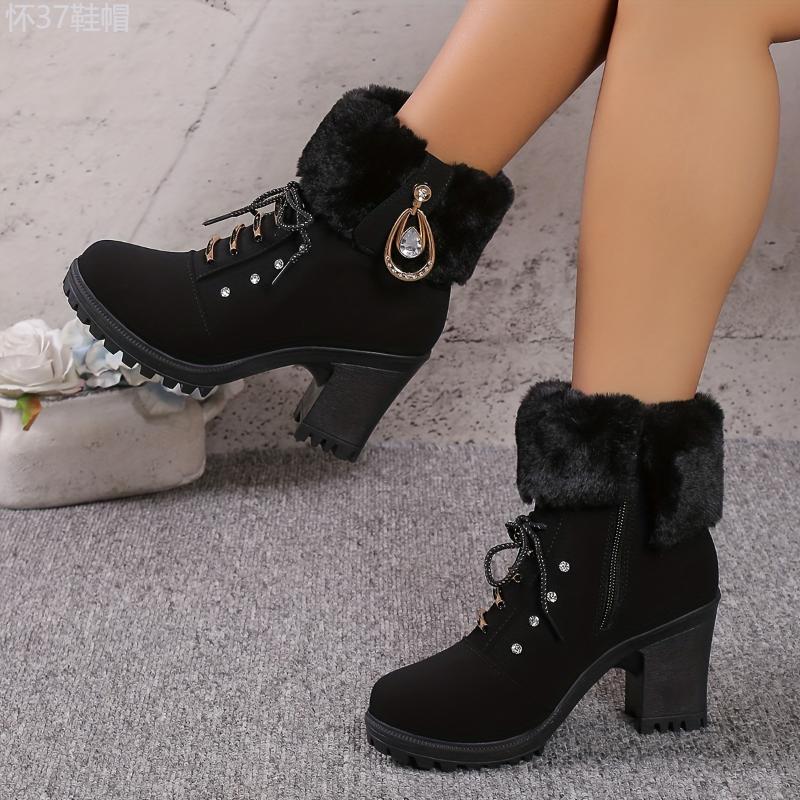 Women's Plush Heeled Ankle Boots, Rhinestone Decor Side Zipper Thermal Chunky Heels, Fashion Fluffy Short Boots Footwear Walking Shoes