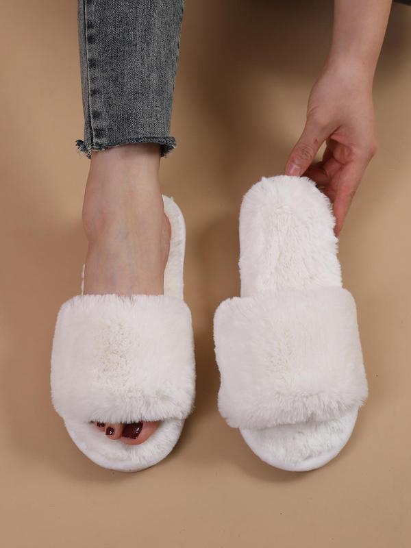 Women's Simple Style Plain Color Bedroom Slippers, Fashionable Soft Warm Slippers with Open Toe Design, Casual Trendy Fluffy Slippers As Gift