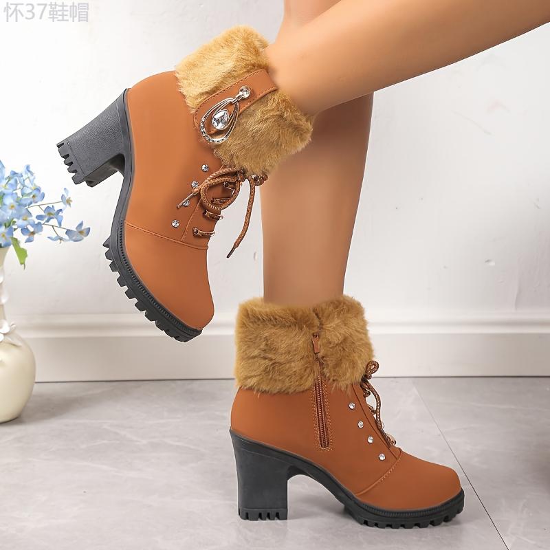 Women's Plush Heeled Ankle Boots, Rhinestone Decor Side Zipper Thermal Chunky Heels, Fashion Fluffy Short Boots Footwear Walking Shoes