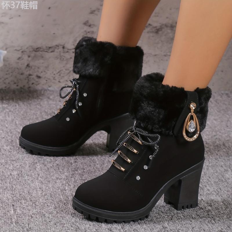 Women's Plush Heeled Ankle Boots, Rhinestone Decor Side Zipper Thermal Chunky Heels, Fashion Fluffy Short Boots Footwear Walking Shoes