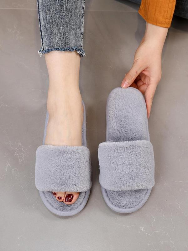 Women's Simple Style Plain Color Bedroom Slippers, Fashionable Soft Warm Slippers with Open Toe Design, Casual Trendy Fluffy Slippers As Gift