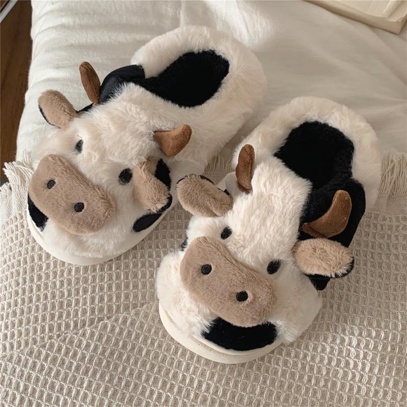 XIXITIAO Cute Fluffy Cow Slippers for Women Men,Cartoon Animal Cotton Plush Home Shoes, Fall & Winter Cozy Warm Bedroom Household Slides Indoor and Outdoor, Designer Slides