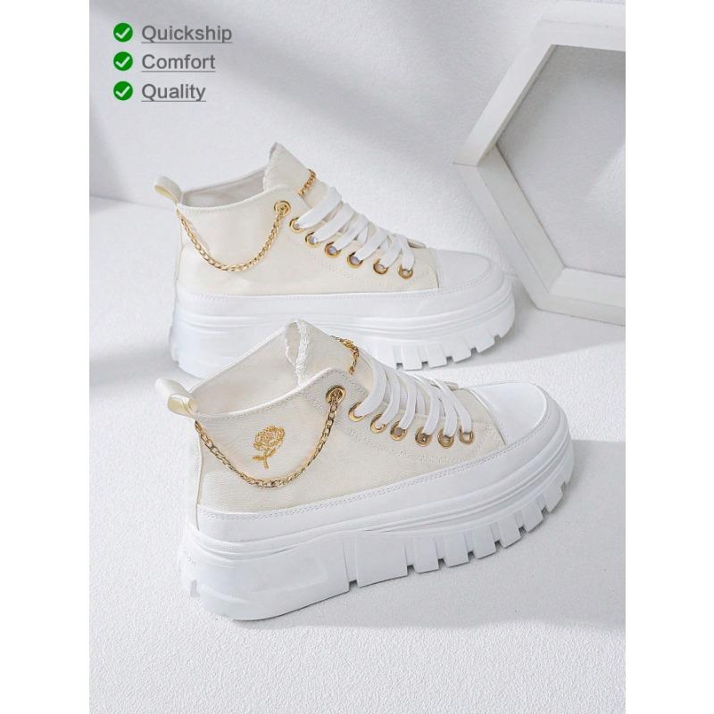 [Quick Delivery]2024 New Classy Aesthetic Women Beige High Top Canvas Shoes With Gold Chain Platform Shoes Height Increasing Casual Sport Shoes Ladies Sneakers Beige Shoes For Women With Gold Rose Embroidery Vacation Outfits