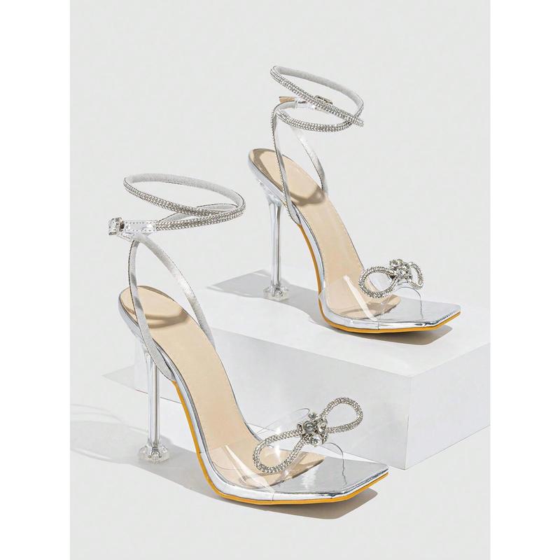 Women's Silver High Heel Sandals With Open Toe, Rhinestone Buckle Strap, Bow Knot, And Transparent Heel, Breathable And Sexy For Summer