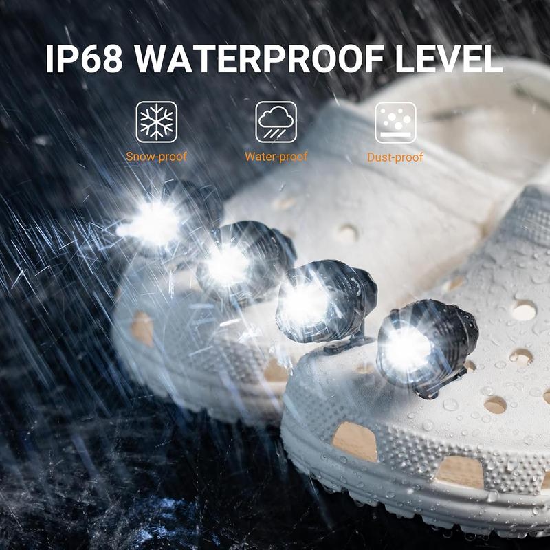 Headlights for Croc - 4pcs LED Croc Lights for Shoes Croc Charm Accessories, IP68 Waterproof for Adults and Kids - Hiking, Walking Dog and Camping Gear Essentials Black Footwear Comfort