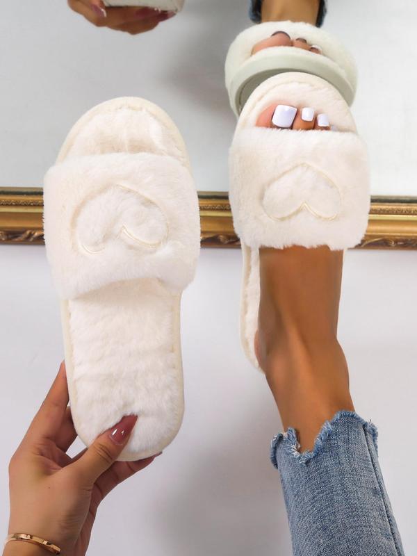 Women's Heart Embroidered Fuzzy Fluffy Slippers, Casual Soft Plush Bedroom Cozy Sandals, Cute Warm Slippers for Fall & Winter, Useful Birthday Gift for Gift