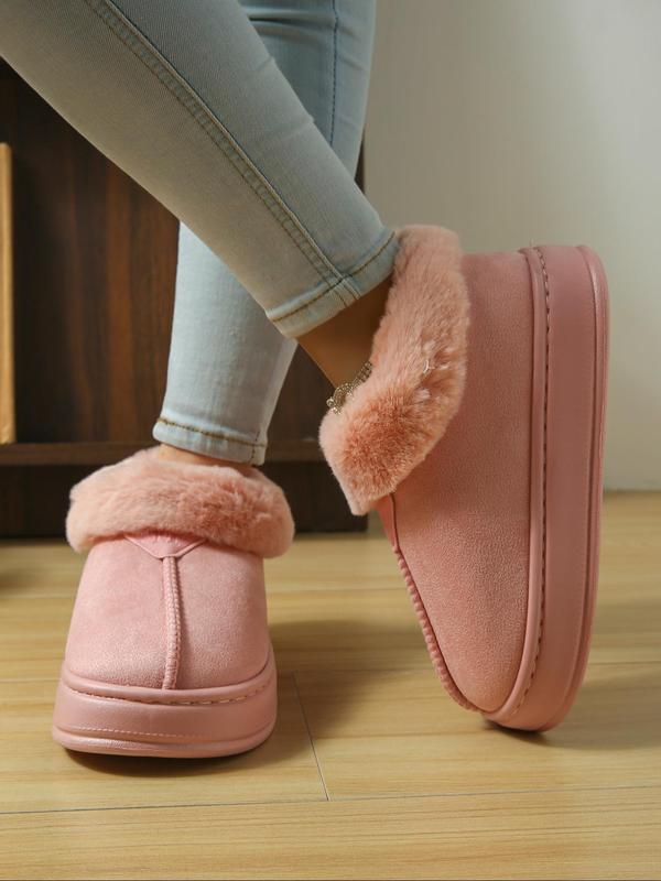 Women's Solid Color Fluffy Plush Boots, Casual Soft Comfortable Thick Soled Home Slippers, Warm Shoes for Indoor & Outdoor Use for Winter Footwear for Girl