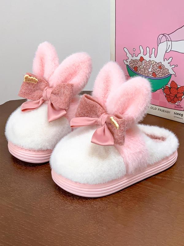 Women's Colorblock Bow Decor Plush Slippers, Casual Soft Comfortable Home Slippers for Fall & Winter, Fluffy Fall & Winter House Shoes for Indoor and Outdoor