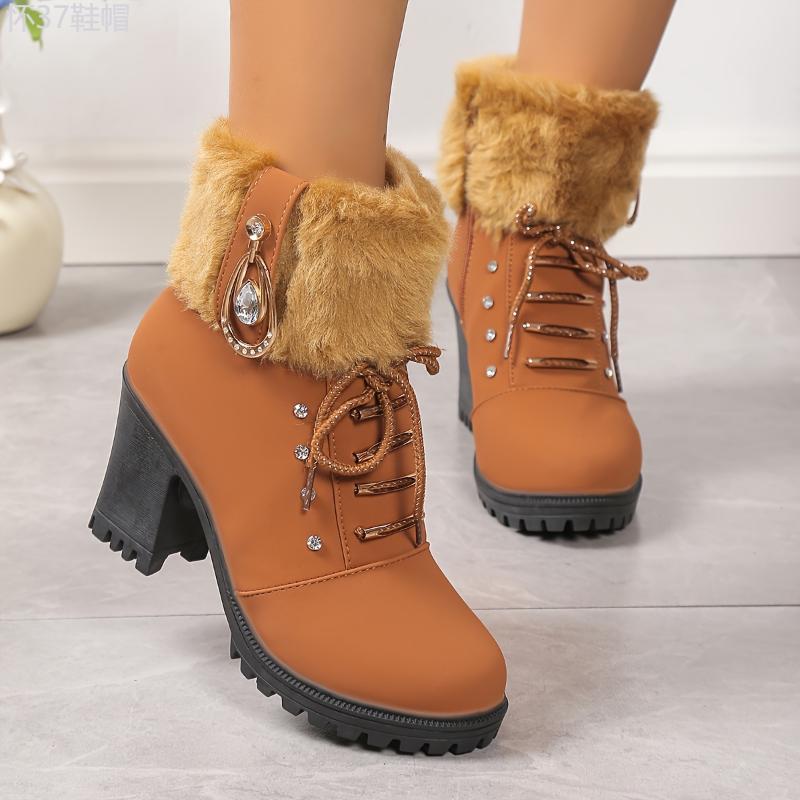 Women's Plush Heeled Ankle Boots, Rhinestone Decor Side Zipper Thermal Chunky Heels, Fashion Fluffy Short Boots Footwear Walking Shoes