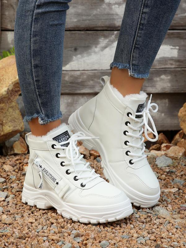 Women's Minimalist Letter & Star Pattern Lace Up Snow Boots, Casual Comfortable Ankle Boots for Winter, Female All-match Round Toe Shoes for Daily Wear