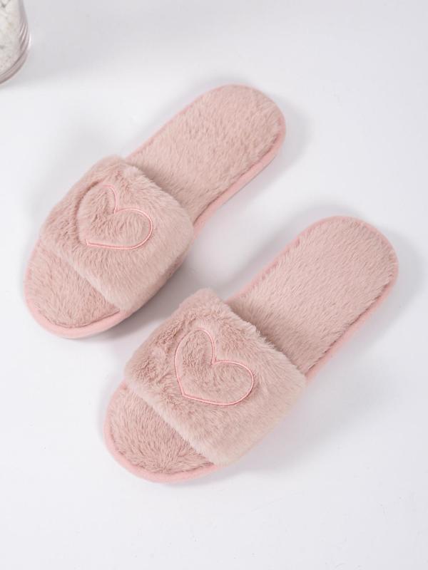 Women's Heart Embroidered Fuzzy Fluffy Slippers, Casual Soft Plush Bedroom Cozy Sandals, Cute Warm Slippers for Fall & Winter, Useful Birthday Gift for Gift