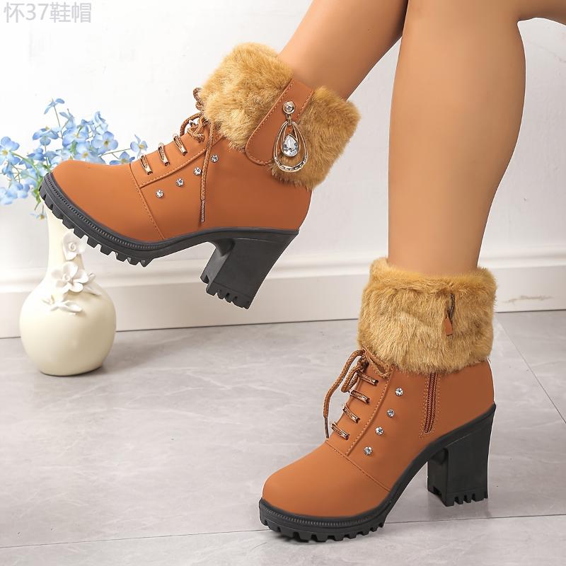 Women's Plush Heeled Ankle Boots, Rhinestone Decor Side Zipper Thermal Chunky Heels, Fashion Fluffy Short Boots Footwear Walking Shoes