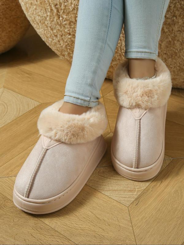 Women's Solid Color Fluffy Plush Boots, Casual Soft Comfortable Thick Soled Home Slippers, Warm Shoes for Indoor & Outdoor Use for Winter Footwear for Girl