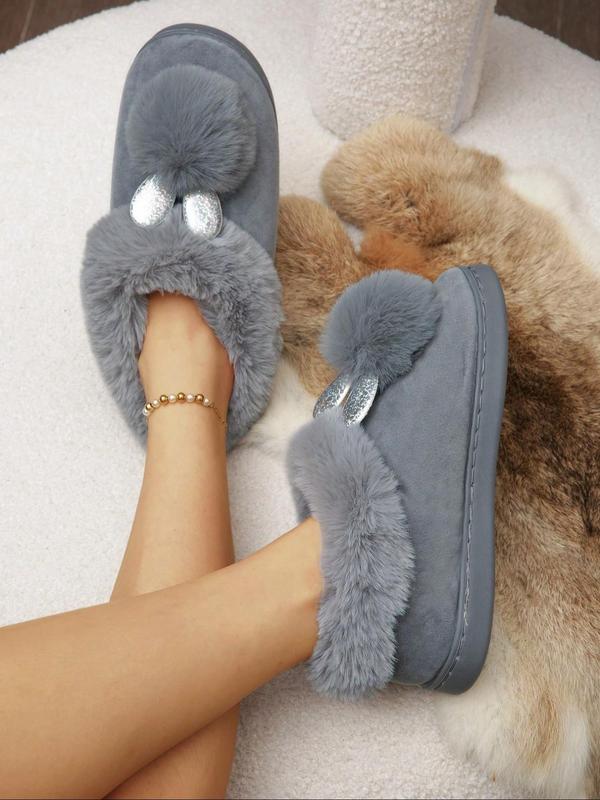 Women's Cute Rabbit Ear & Pom Pom Decor Plush Slippers, Casual Soft Comfortable Home Slippers for Fall & Winter, Fluffy Fall & Winter House Shoes for Indoor and Outdoor