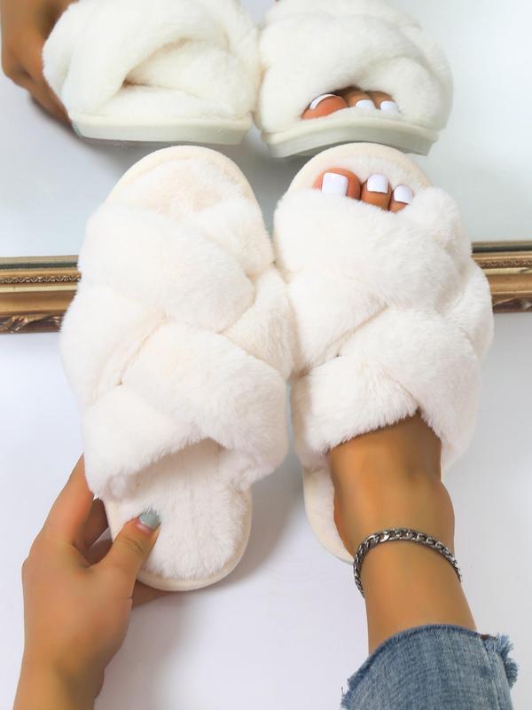 Women's Fashionable Plain Criss Cross Design Soft Slippers, Simple Design Warm Plush Slippers for Fall & Winter