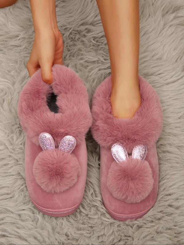 Women's Cute Rabbit Ear & Pom Pom Decor Plush Slippers, Casual Soft Comfortable Home Slippers for Fall & Winter, Fluffy Fall & Winter House Shoes for Indoor and Outdoor