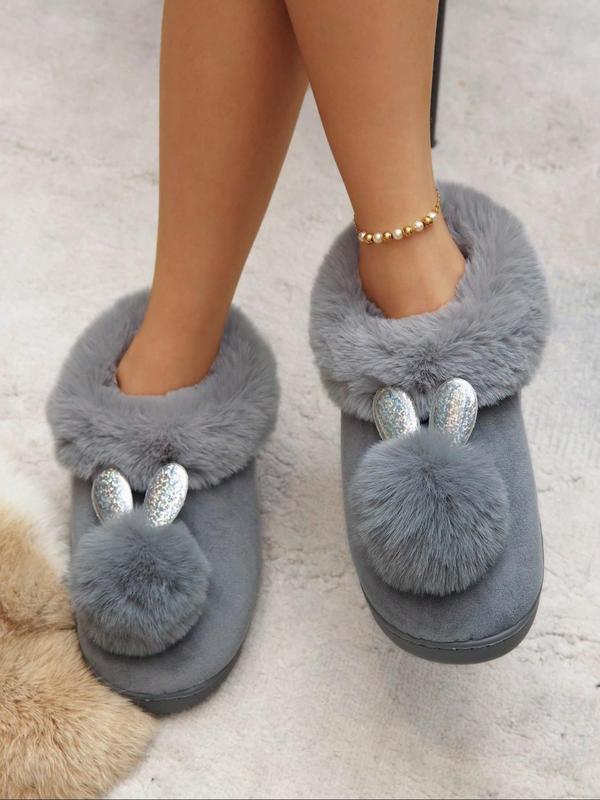 Women's Cute Rabbit Ear & Pom Pom Decor Plush Slippers, Casual Soft Comfortable Home Slippers for Fall & Winter, Fluffy Fall & Winter House Shoes for Indoor and Outdoor