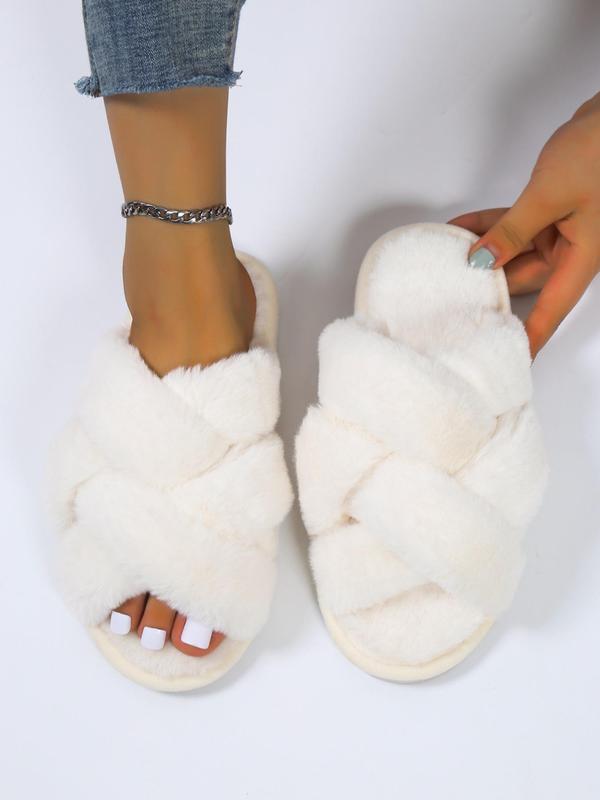 Women's Fashionable Plain Criss Cross Design Soft Slippers, Simple Design Warm Plush Slippers for Fall & Winter