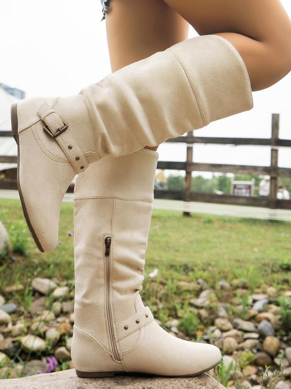 Women's Fashionable Solid Color Slouchy Boots, Casual Comfortable Side Zip Design Knee Designer Boots for Daily Wear, Female All-match Trendy Shoes for Fall & Winter Fall Outfits 2024